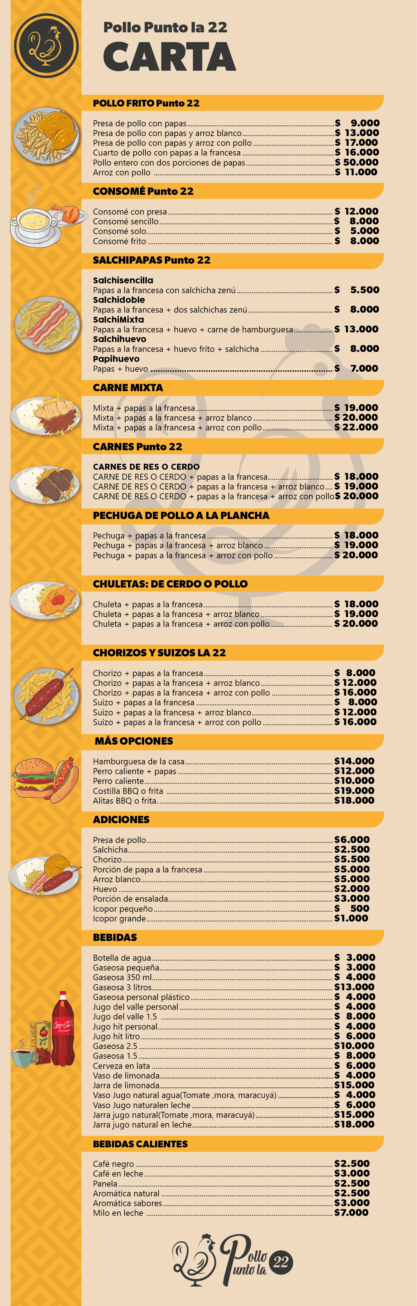 Carta completa del menú de Pollo Punto la 22 con precios y platos disponibles