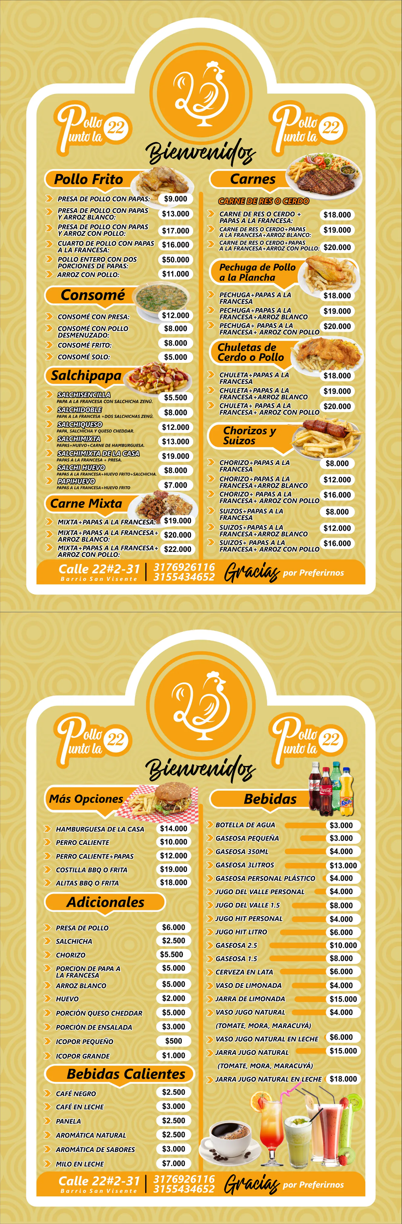 Carta completa del menú de Pollo Punto la 22 en dos páginas, con precios de pollo frito, consomé, salchipapas, carnes, adiciones y bebidas